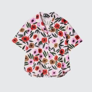 UNIQLO x MARIMEKKO Floral Button-Up Linen Blend Open Collar T-Shirt Pink Size XL